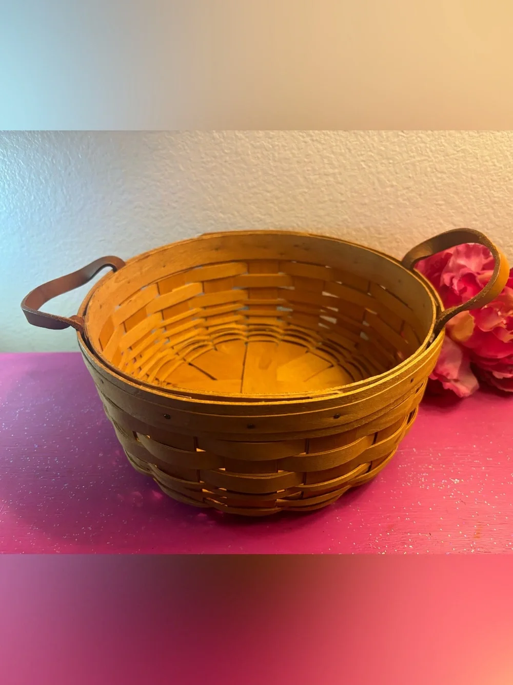 Longaberger Vintage 1995 Large Darning Basket with Leather Handles, 10” Diameter
